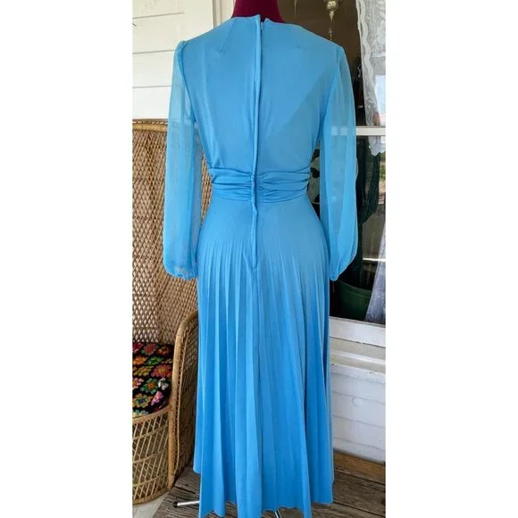 Vintage 1970s Blue Dressy Maxi Dress Pleated Skirt Rhinestone Pearls Size M - Picture 3 of 16